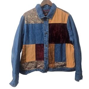 August Max Womens Patchwork Denim Jacket Velvet Corduroy Jacquard Boho Blue 4